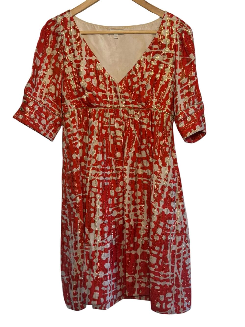 Shoshanna Red Gold Silk Metallic Short Sleeve Cocktail Dress Pockets Size 2